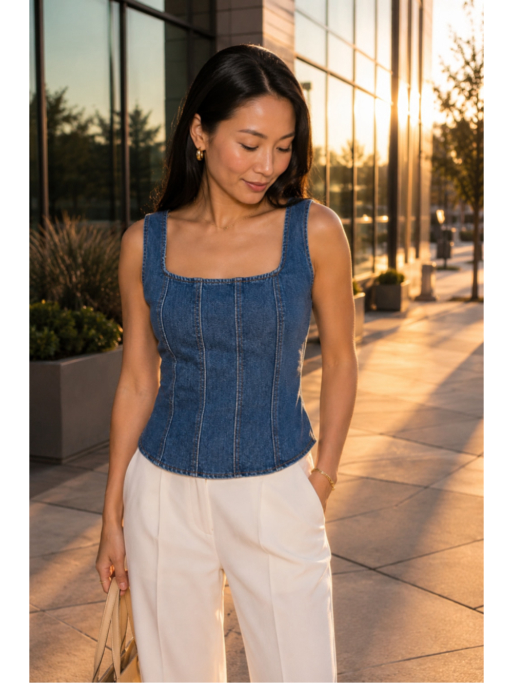 Rachel Zoe Blue Denim Corset Bustier Top Side Zip Curved Hem Medium Y2K